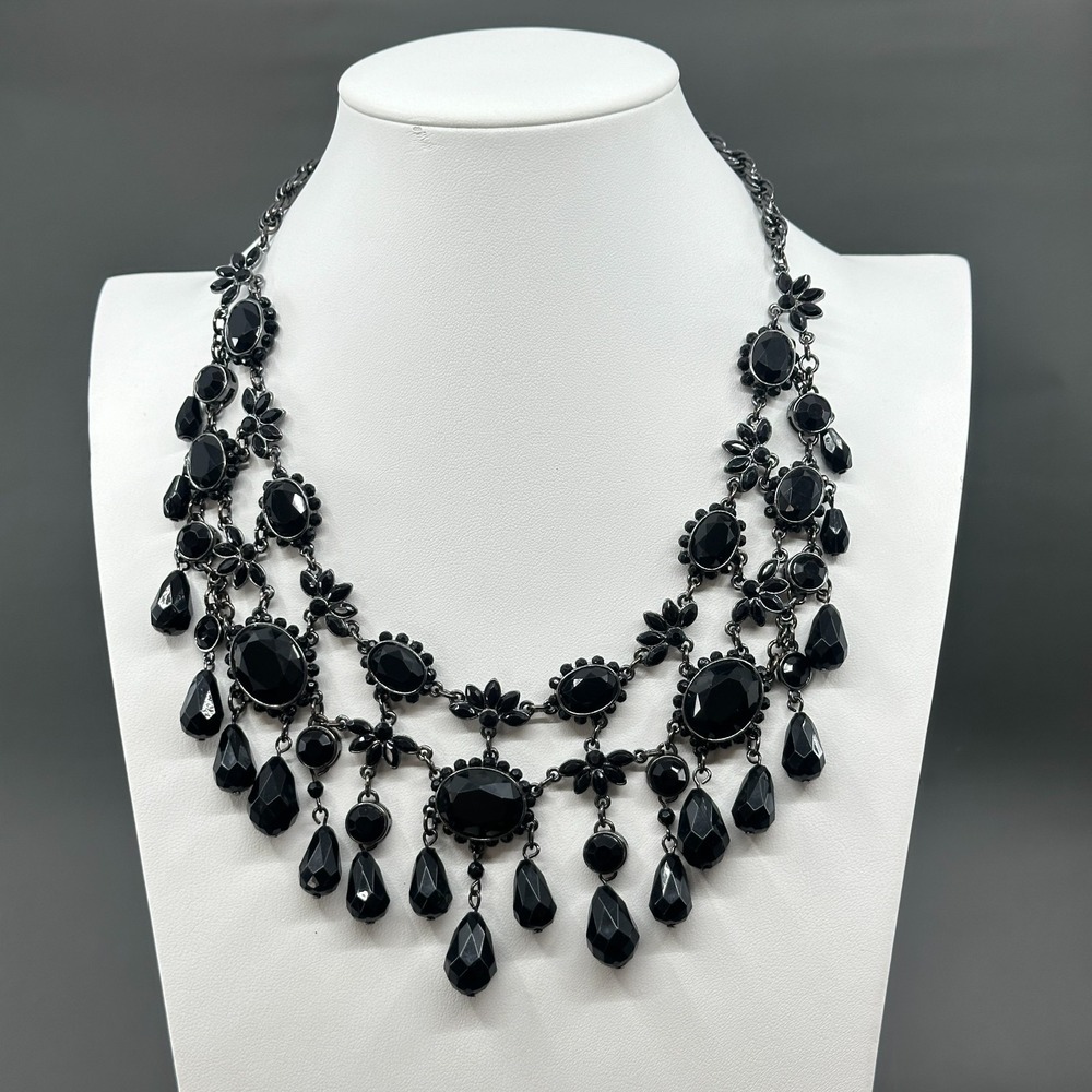 Black Faceted Bead Bib Necklace Gothic Floral Teardrop Dangle Statement Gunmetal